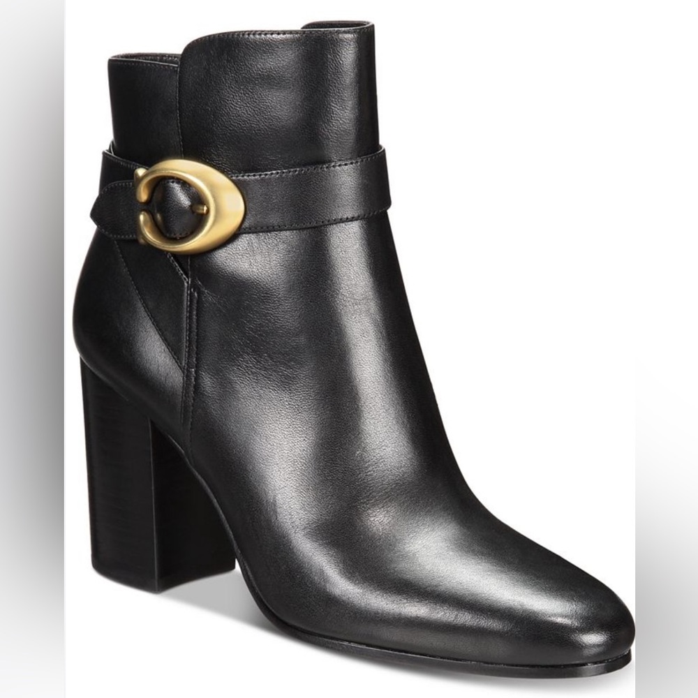 Coach Delaney zippered black bootie with gold hardware and block 3.5” heel